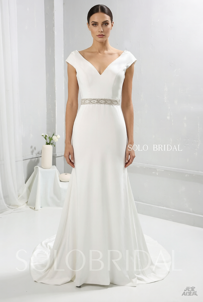 Ivory Crepe Wedding Dress with Beaded Belt and Pearl Draped Back