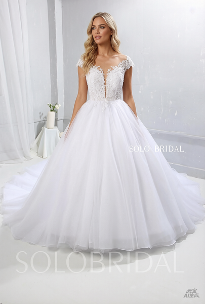 White Ball Gown Wedding Dress with Tulle Skirt and Plunging Neckline