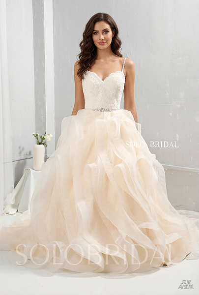 Champagne Tulle Ruffle Skirt Wedding Dress with Diamond Belt