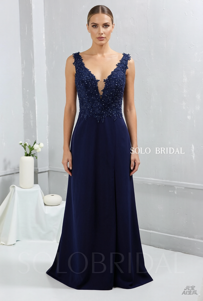 Royal Blue Crepe V Neckline Bridesmaid Dress