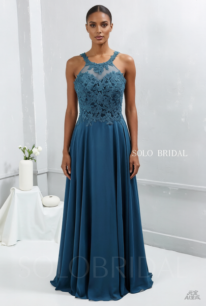 Teal Blue Chiffon Halter Neck Bridesmaid Dress