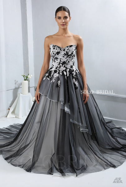 Ivory Satin Wedding Dress with Black Tulle Overlay