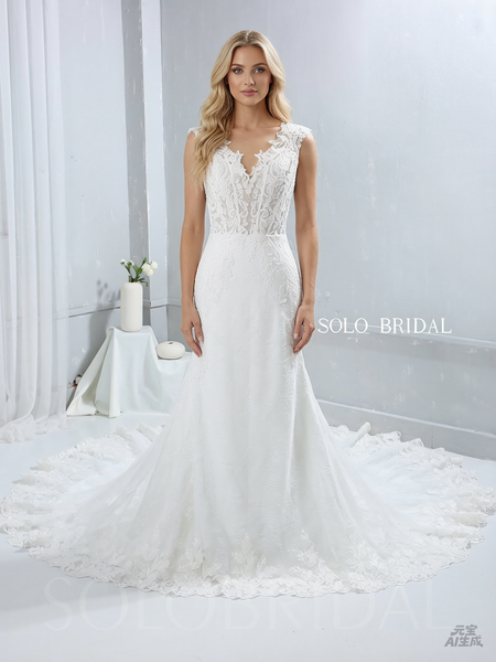 Ivory See Through Boned Corset Bodice Wedding Dress With Cathedral Train