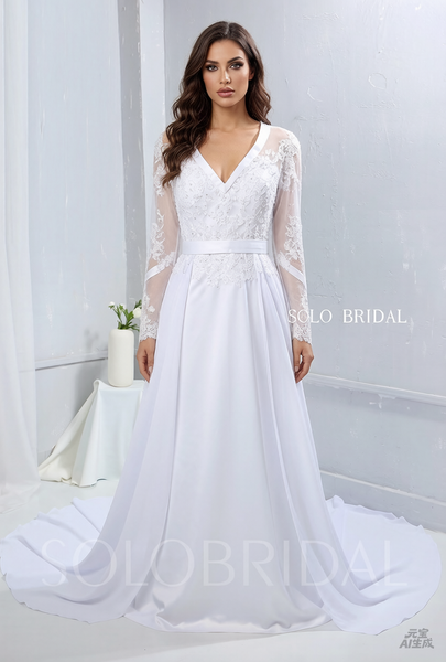 White Chiffon Wedding Dress with Satin Ribbon Bustline and Long Sleeves
