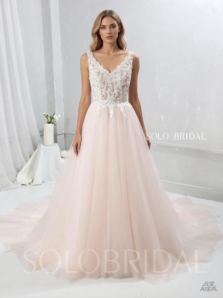 Blush Pink A Line Tulle Wedding Dress with V Neckline