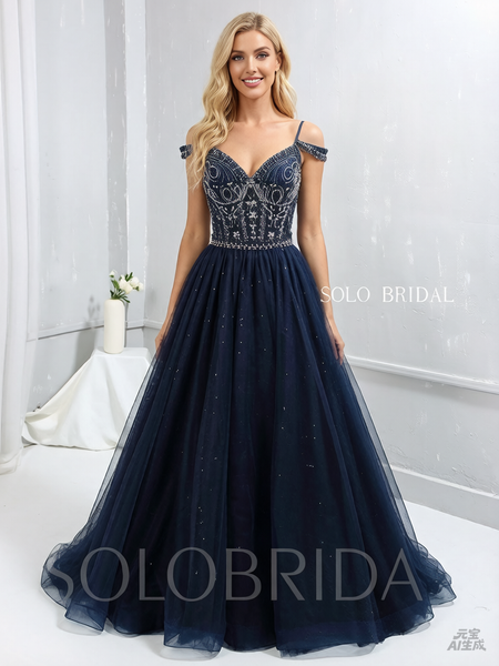 Royal Blue Heavy Beaded Shiny Tulle Prom Dress with Long Skirt