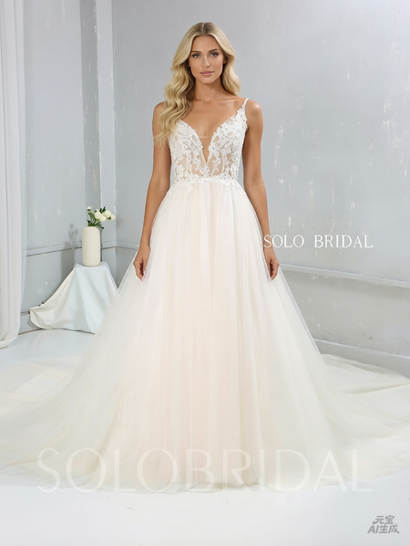 Light Champagne A Line Tulle Wedding Dress with Cathedral Train