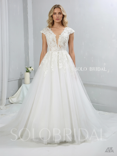 Light Ivory Capped Sleeve A Line Tulle Wedding Dress with Court Train