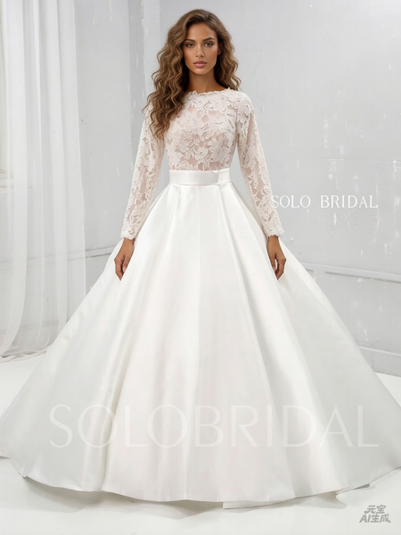 Ivory A Line Satin Wedding Dress with Lace Long Sleeves