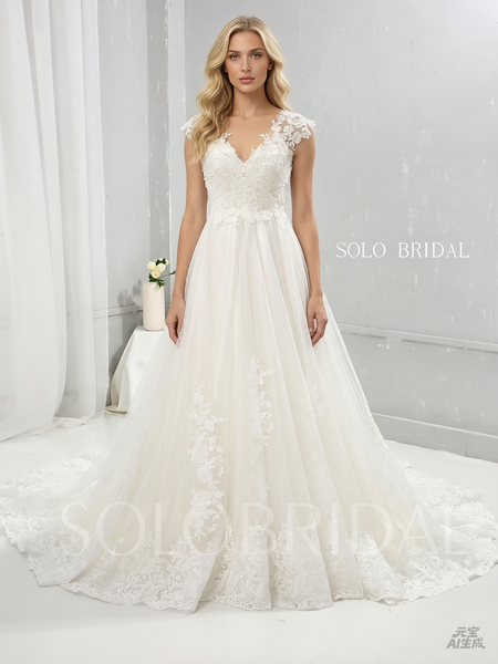 Ivory Cotton Lace A Line Wedding Dress with Capped Sleeves