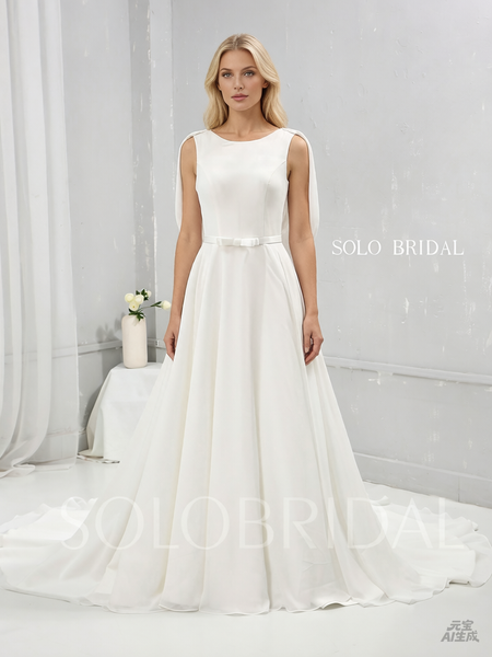 Ivory Chiffon A Line Wedding Dress with Lace and Cowl Back