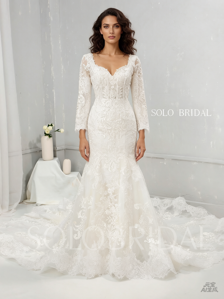 Ivory Fit and Flare Wedding Dress with Diamond Neckline and Cathedral Train