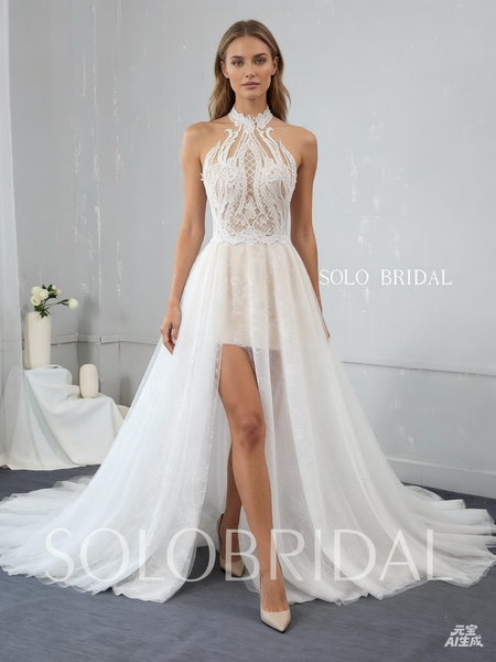 A Line See Through Halter Neck Wedding Dress with Split Opening
