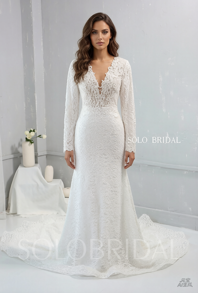 Heavily Pearl Beaded V neck Long Sleeve Wedding Dress with Cathedral Train