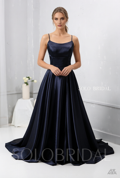 Dark Blue A Line plain Satin Dress Bridesmaid Dress