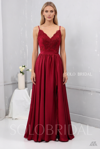 V Neck Thin Straps Wine Red Silk Like Chiffon Bridesmaid Dress