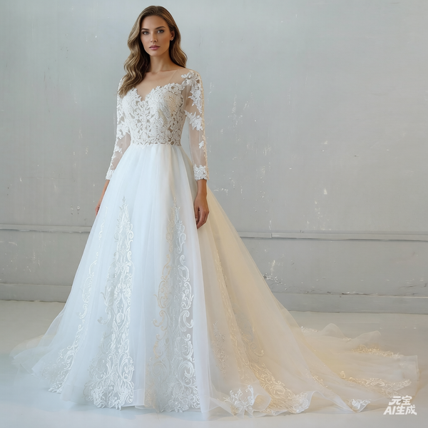 Ivory A Line Long Sleeves Chapel Train French Lace Wedding Dress