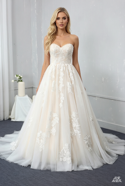 Champagne A Line Sweetheart Sweep Train Wedding Dress