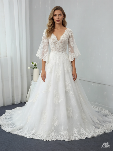 Ivory A Line V Neck Long Mandarin Sleeve Wedding Dress