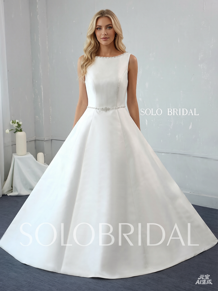 A Line Boat Neckline Ivory Silk Satin Diamonds Wedding Dress