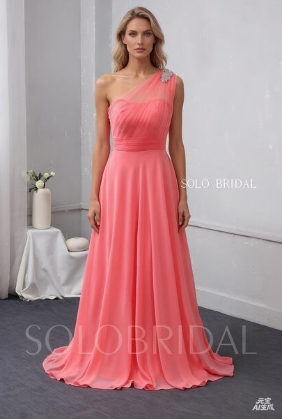 Watermelon Red Chiffon Bridesmaid Dress