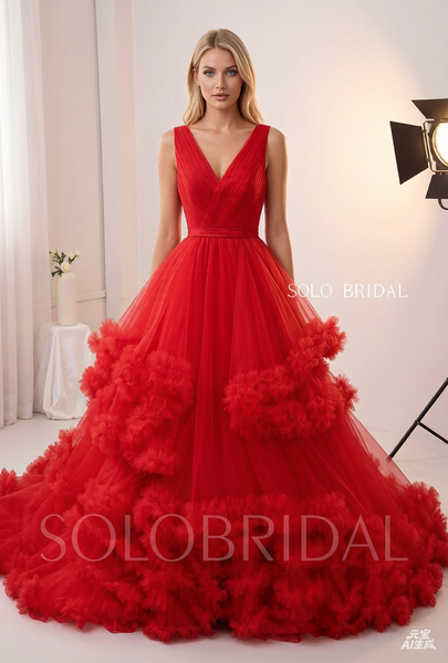 Red V Neck Ruffles Ball Gown Wedding Dress