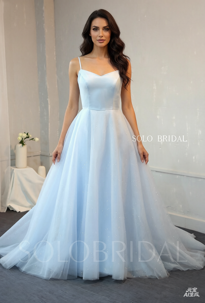 A Line Baby Blue Satin and Shiny Tulle Prom Dress