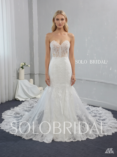 See Through Skin Coloured Bodice Ivory Mermaid Wedding Dress with Catherdral Double Layer Lace Train