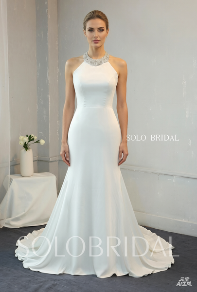 Ivory Crepe Fit and Flare Wedding Dress with Beaded Halter Neck