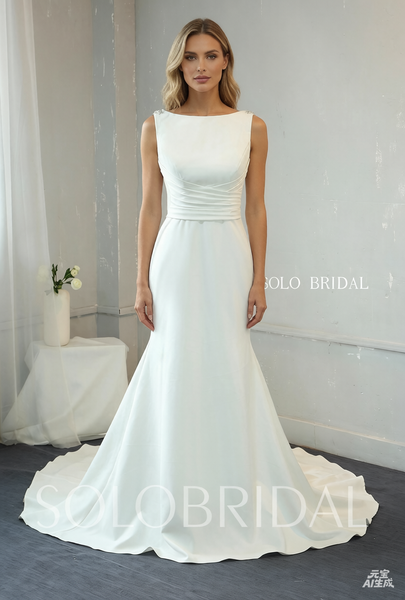 Ivory Crepe Fit and Flare Wedding Dress with Fully Beaded Back