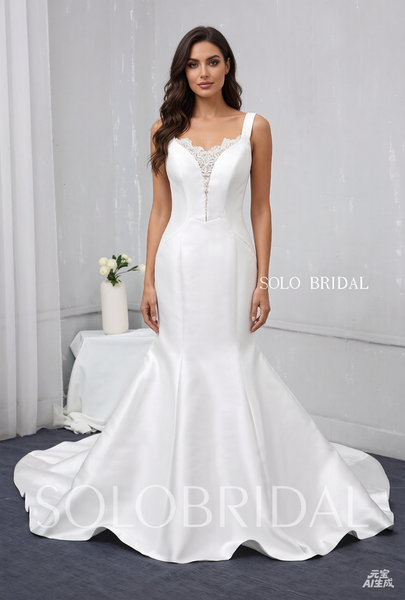 White Satin Mermaid Wedding Dress with Beaded Lace Back