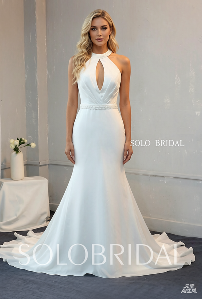 Ivory Crystal Beaded Halter Fit and Flare Chiffon Wedding Dress
