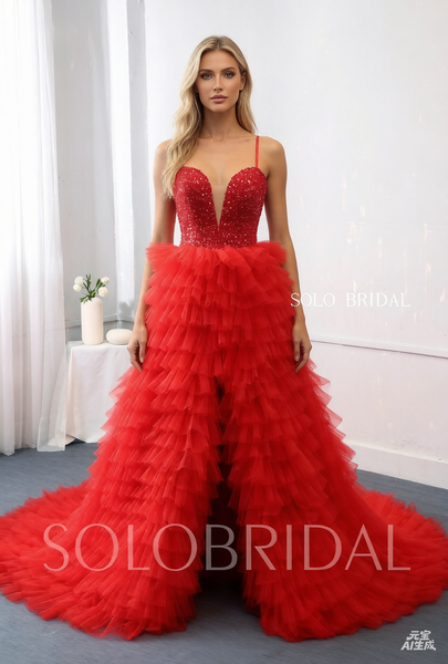 Red Tulle Ruffle Skirt Prom dress with Open Front