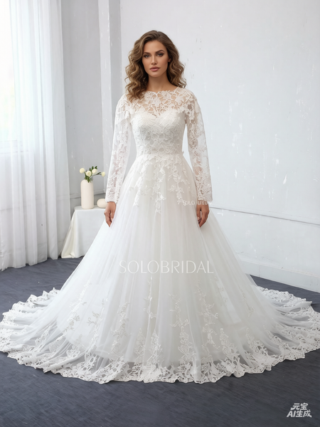 Ivory A Line Wedding Dress with Long Sleeves