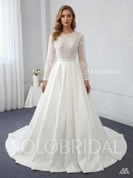 Ivory Lace Bodice with Long Sleeves Bridal Satin Skirt with Big Pleats Wedding Dress