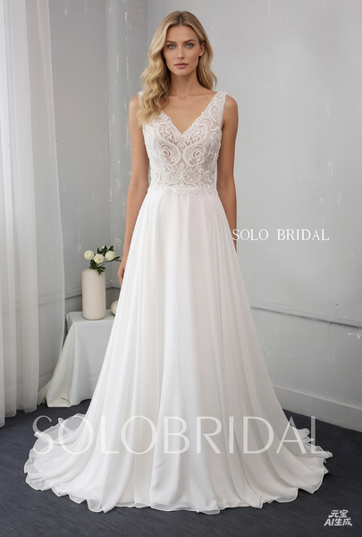 Ivory V Neck Chiffon Wedding Dress with Heavily Beaded Lace Bodice