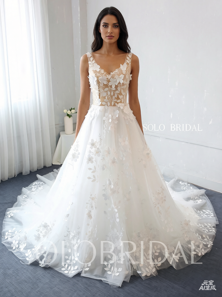 Ivory Leaf and 3D Flowers A Line Wedding Dress