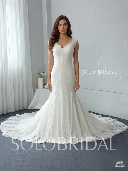 Fit and Flare Ivory Lace Wedding Dress with Cathedral Train