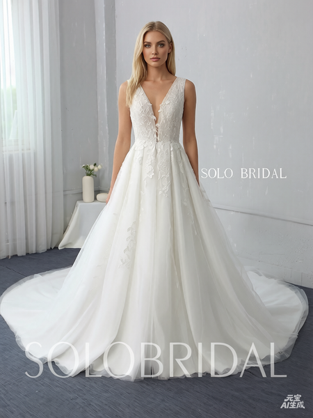 A Line Plunging V Neck Wedding Dress with Cathedral Train