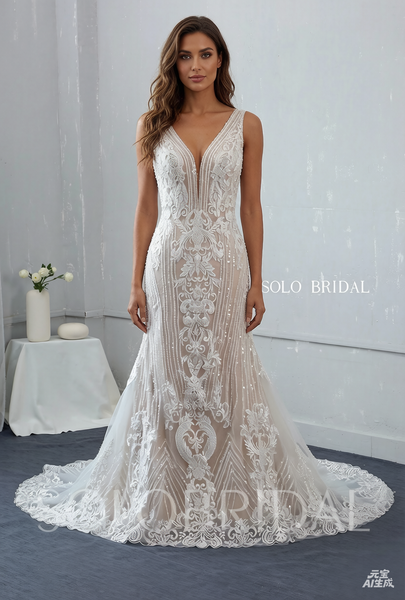 Blush Fit and Flare Plunging V Neck Wedding Dress with Court Train