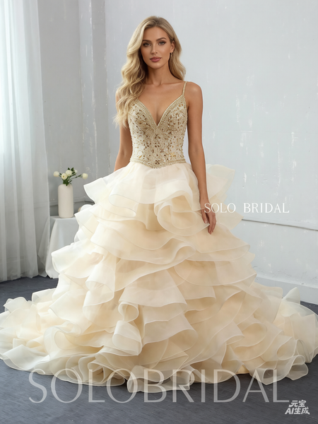 Light Champagne Ruffle Ball Gown Wedding Dress with Sweep Train