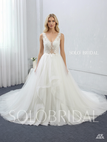 Deep V Neck Ivory Wedding Dress with Cathedral Train