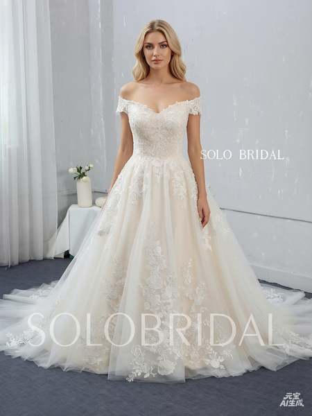 Champagne A line Wedding Dress with Court Train