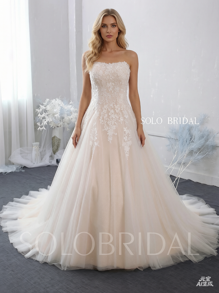 Strapless A Line Blush Wedding Dress with Court Train
