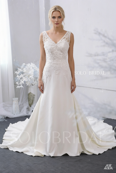 Ivory V Neck Fit and Flare Wedding Dress with Cathedral Train