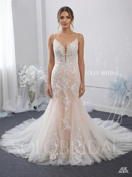 Plunge Neck Fit and Flare Blush Pink Wedding Dress with Chapel Train