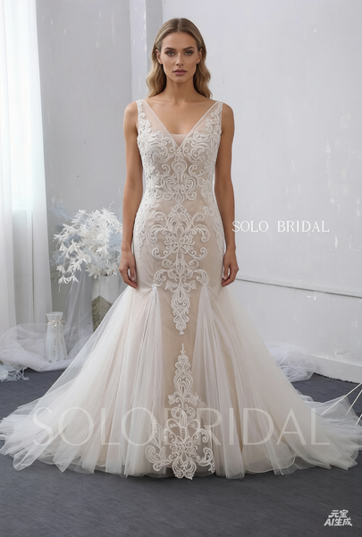 V Neck Fit and Flare Blush Wedding Dress with Court Train