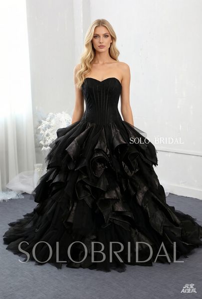 Black Strapless Sweetheart Ruffle and Embroidered Wedding Dress with Sweep Train