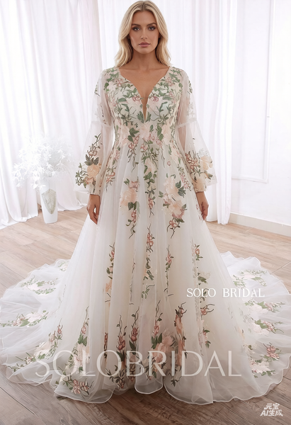20240415A Green Floral Lace V Neck Long Sleeve A Line Wedding Dress