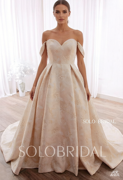 20240415B Gold Champagne Off Shoulder Sweetheart Ball Gown Wedding Dress